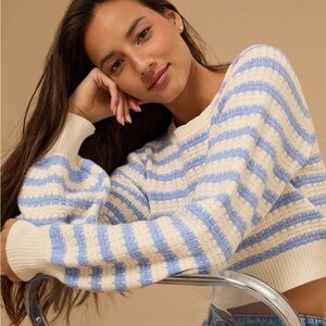 Altar'd State Blue & Cream Striped Crewneck Cropped Sweater